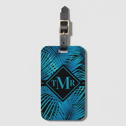 Monogrammed Turquoise Black Palm Bagagelabel (Voorkant (verticaal))