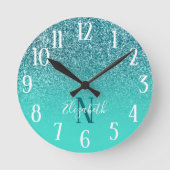 Monogrammed Turquoise en Blauwgroen Glitter Ombre Ronde Klok (Voorkant)