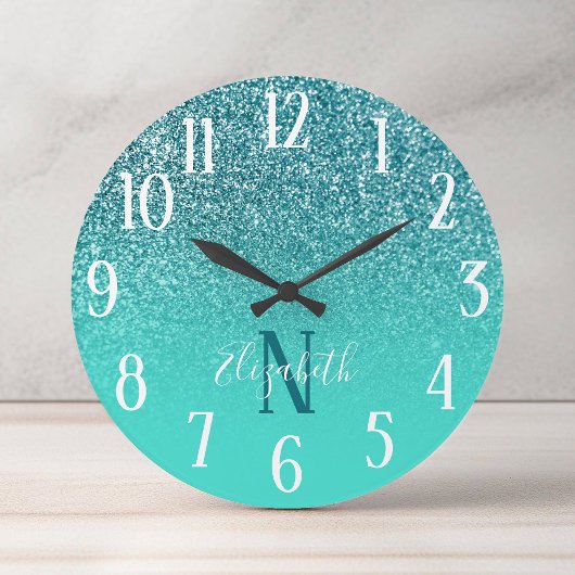 Monogrammed Turquoise en Blauwgroen Glitter Ombre Ronde Klok