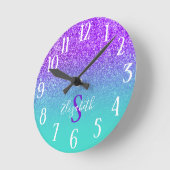 Monogrammed Turquoise en Violet Glitter Ombre Ronde Klok (Hoek)