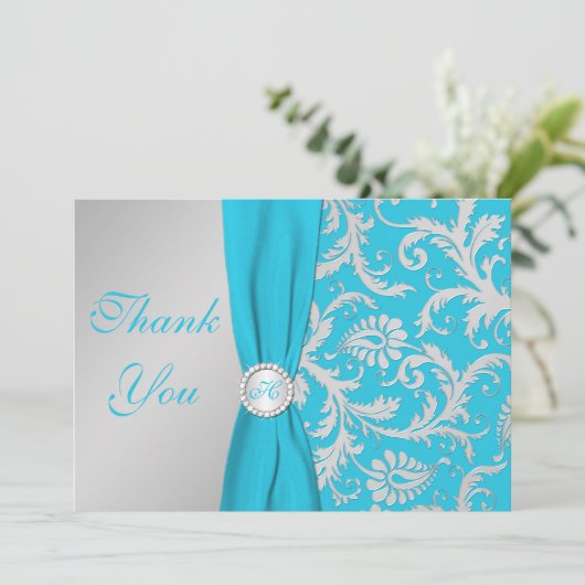 Monogrammed Turquoise, Zilver Dank u kaart (Staand voorkant)