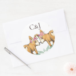 Monogrammed Twee Bruiden Corgi Honden Bruiloft Ronde Sticker