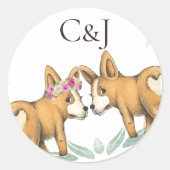 Monogrammed Twee Corgi Honden Bruiloft Ronde Sticker (Voorkant)
