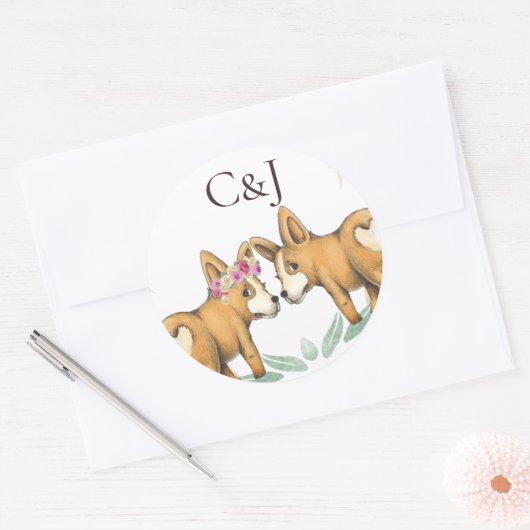 Monogrammed Twee Corgi Honden Bruiloft Ronde Sticker (Envelop)