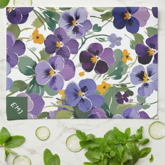 Monogrammed Violet Flowers  Bloemen Plantaardig Theedoek (Gevouwen)