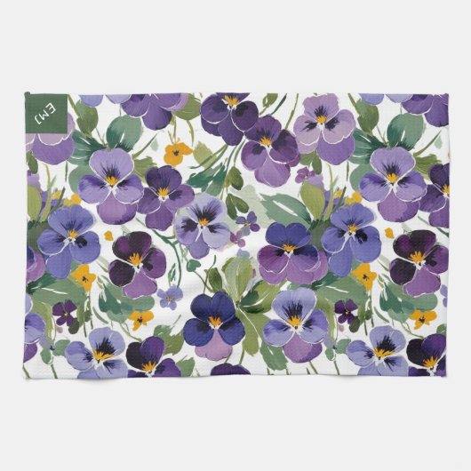 Monogrammed Violet Flowers  Bloemen Plantaardig Theedoek (Horizontaal)