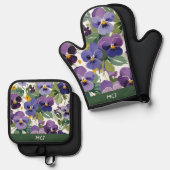 Monogrammed Violet Flowers bloemenpatroon Ovenwant & Pannenlap Set (Voorkant / Achterkant)