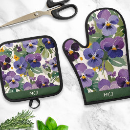 Monogrammed Violet Flowers  bloemenpatroon Ovenwant & Pannenlap Set