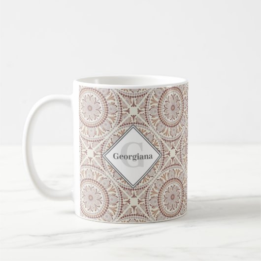 Monogrammed Warme Neutrals Dot Mandala Diamond Teg Koffiemok (Links)