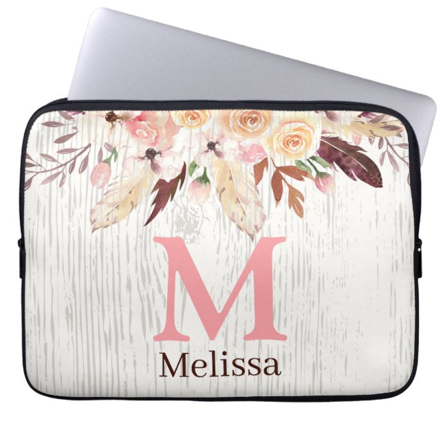 Monogrammed Waterverf Bloemen op Rustiek Wit Hout Laptop Sleeve (Voorkant)