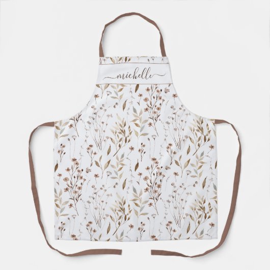 Monogrammed Waterverf Bruine Wildflowers Bladeren Schort (Voorkant)