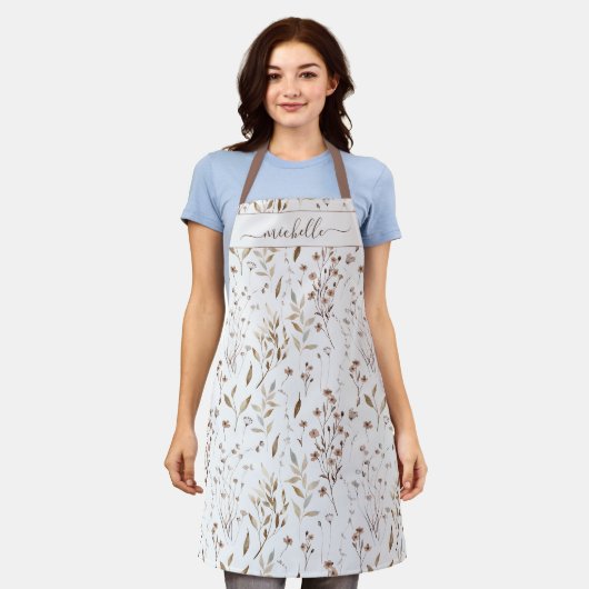 Monogrammed Waterverf Bruine Wildflowers Bladeren Schort (Gedragen)