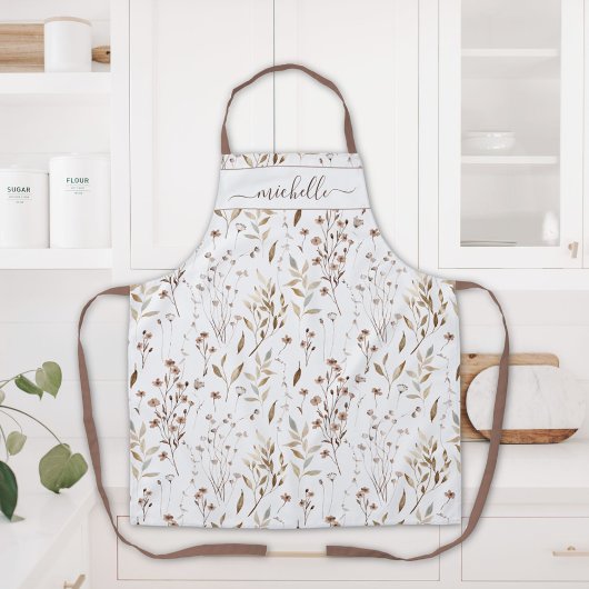 Monogrammed Waterverf Bruine Wildflowers Bladeren Schort