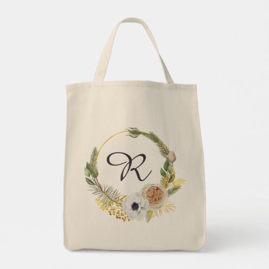 Monogrammed Waterverf Floral Wreath Tote Bag (Achterkant)