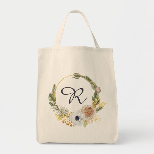 Monogrammed Waterverf Floral Wreath Tote Bag (Voorkant)