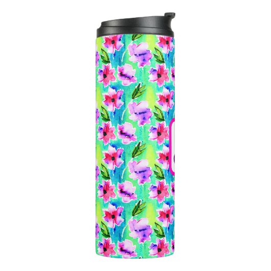 Monogrammed Waterverf Flowers Thermosbeker (Gedraaid links)