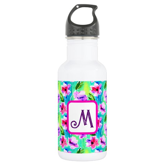 Monogrammed Waterverf Flowers Waterfles (Voorkant)