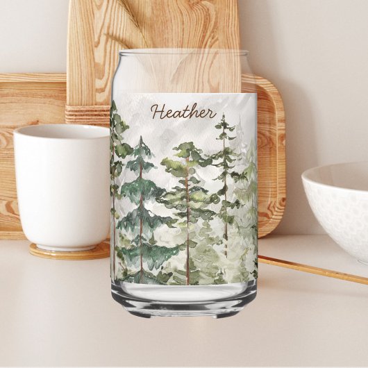 Monogrammed Waterverf Green Pine Forest Mountain Blikvorm Glas
