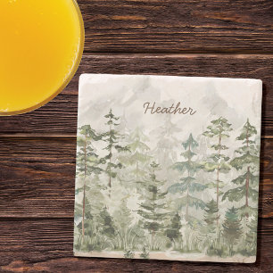 Monogrammed Waterverf Green Pine Forest Mountain Stenen Onderzetter