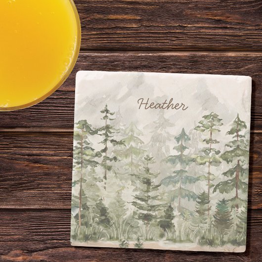Monogrammed Waterverf Green Pine Forest Mountain Stenen Onderzetter