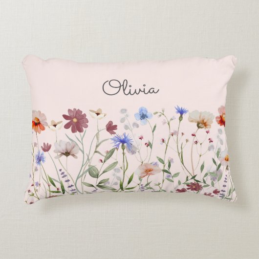 Monogrammed Waterverf Kleurrijke Wildflower Meadow Accent Kussen (Voorkant)