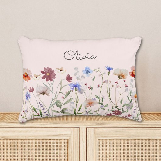 Monogrammed Waterverf Kleurrijke Wildflower Meadow Accent Kussen