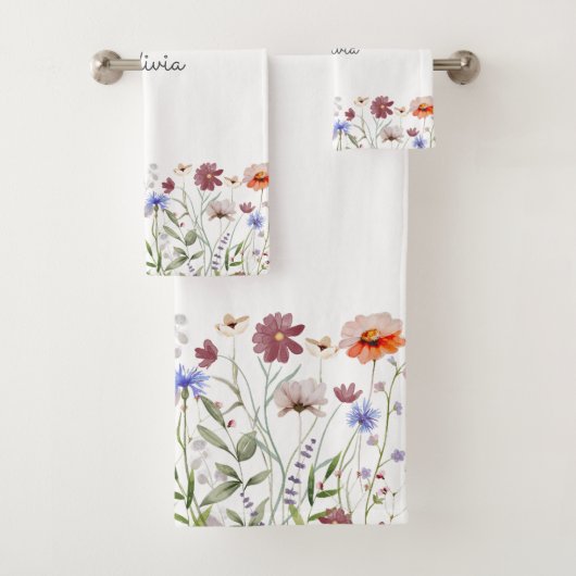 Monogrammed Waterverf Kleurrijke Wildflower Meadow Bad Handdoek (Insitu)