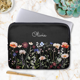 Monogrammed Waterverf Kleurrijke Wildflower Meadow Laptop Sleeve