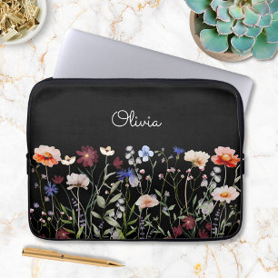 Monogrammed Waterverf Kleurrijke Wildflower Meadow Laptop Sleeve