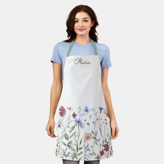 Monogrammed Waterverf Kleurrijke Wildflower Meadow Schort (Gedragen)