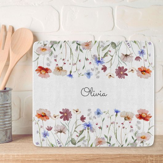 Monogrammed Waterverf Kleurrijke Wildflower Meadow Snijplank