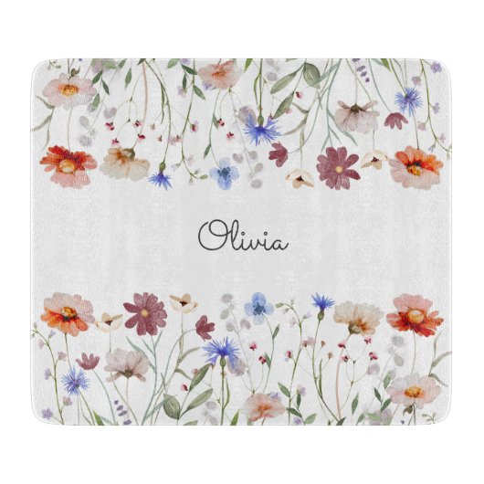 Monogrammed Waterverf Kleurrijke Wildflower Meadow Snijplank (Voorkant)