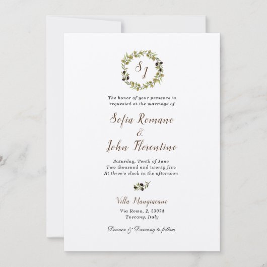 Monogrammed Waterverf Olive wreath Wedding Kaart (Voorkant)