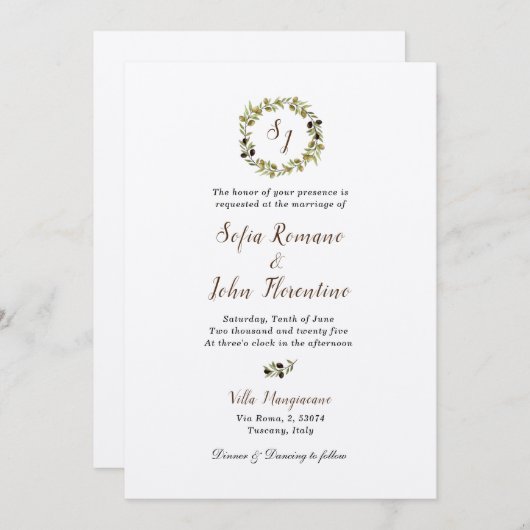 Monogrammed Waterverf Olive wreath Wedding Kaart (Voorkant / Achterkant)