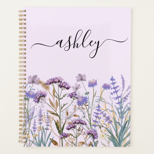 Monogrammed Waterverf Paarse Wildflower Meadow Planner (Voorkant)