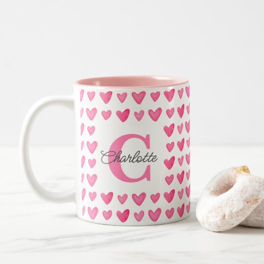 Monogrammed Waterverf Roze Harten Tweekleurige Koffiemok (Met donut)