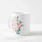 Monogrammed Waterverf Roze Roos en Pioen Bloemen Koffiemok (Voorkant links)