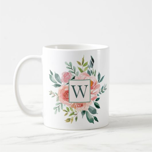 Monogrammed Waterverf Roze Roos en Pioen Bloemen Koffiemok (Links)
