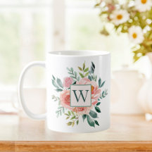 Monogrammed Waterverf Roze Roos en Pioen Bloemen
