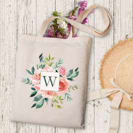 Monogrammed Waterverf Roze Roos en Pioen Bloemen Tote Bag
