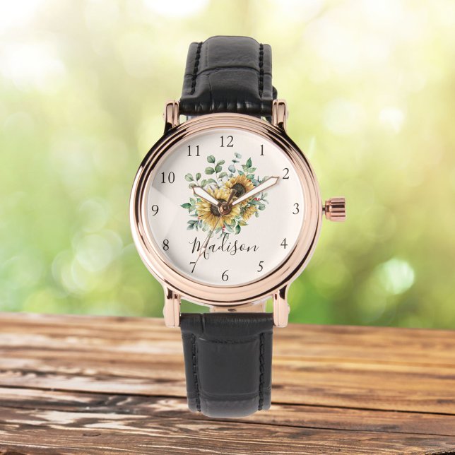 Monogrammed Waterverf  rustieke zonnebloem Horloge (Close up Outdoor)