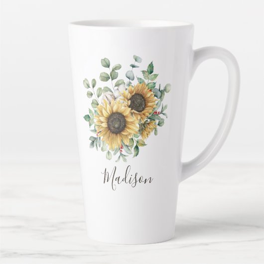 Monogrammed Waterverf  rustieke zonnebloem Latte Mok (Rechts)