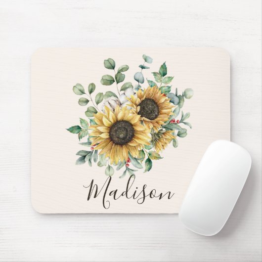 Monogrammed Waterverf  rustieke zonnebloem Muismat (Met muis)