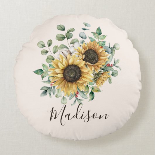 Monogrammed Waterverf  rustieke zonnebloem Rond Kussen (Voorkant)