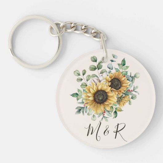 Monogrammed Waterverf  rustieke zonnebloem Sleutelhanger (Voorkant)