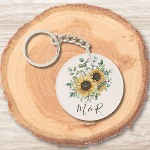 Monogrammed Waterverf  rustieke zonnebloem Sleutelhanger