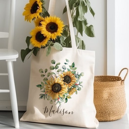Monogrammed Waterverf rustieke zonnebloem Tote Bag