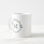 Monogrammed Waterverf salie groene bladeren krans Koffiemok (Voorkant links)