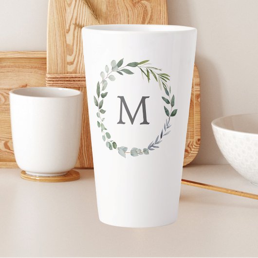 Monogrammed Waterverf salie groene bladeren krans Latte Mok