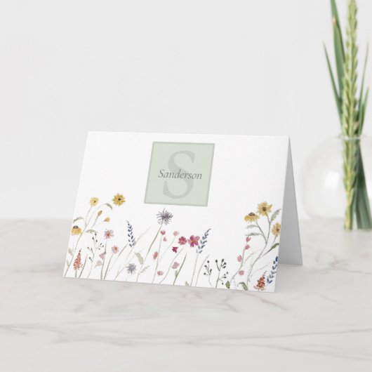 Monogrammed Waterverf Wildflower Bedankkaart (Voorkant)